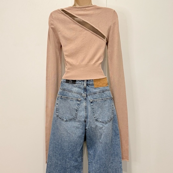 H:ours Jacklyn Sweater Cutout Mesh Cropped Neutral Tan Small Revolve Chic Edgy - Picture 6 of 11